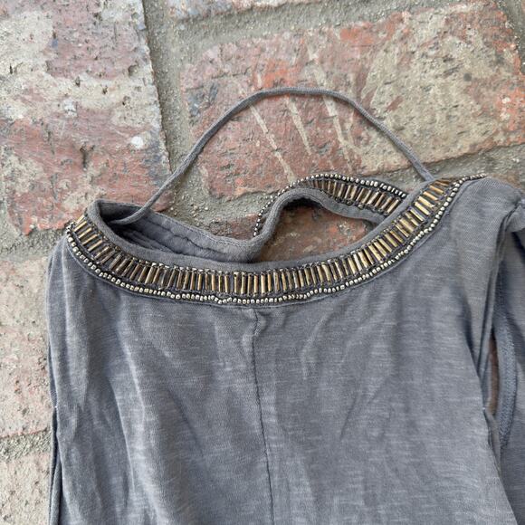 Free People Beaded Sleeveless T-Shirt Tank Gray Distressed Motorcycle USA Size S - Picture 6 of 6